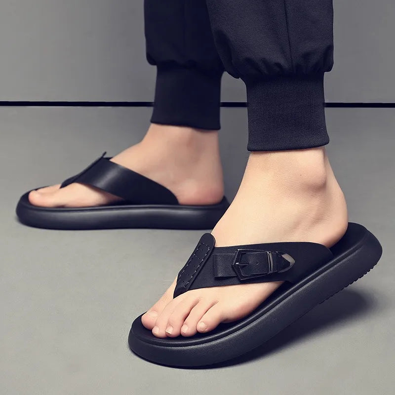 Quality Men Slippers Luxury Cowhide Leather Slippers Outdoor Casual Beach Slippers Summer Hot Sell Men Flip-flop Chanclas Hombre